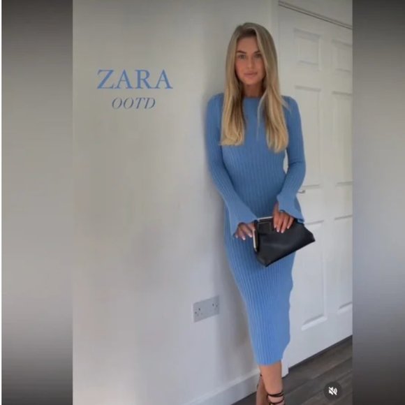 ZARA WOMAN STRETCH LONG SLEEVE BABY BLUE RIBBED KNIT MIDI MAXI DRESS $89.90 - Picture 7 of 15